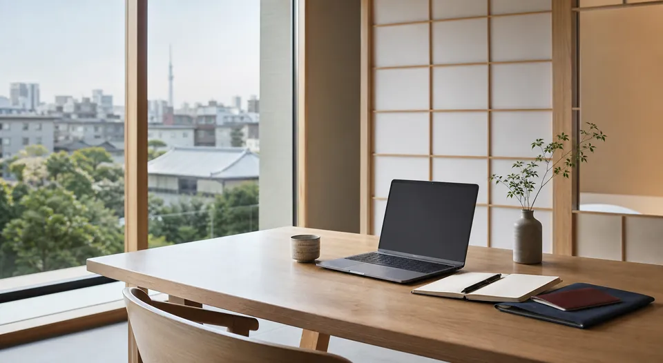 Laptop workspace prepared for remote work planning in Japan